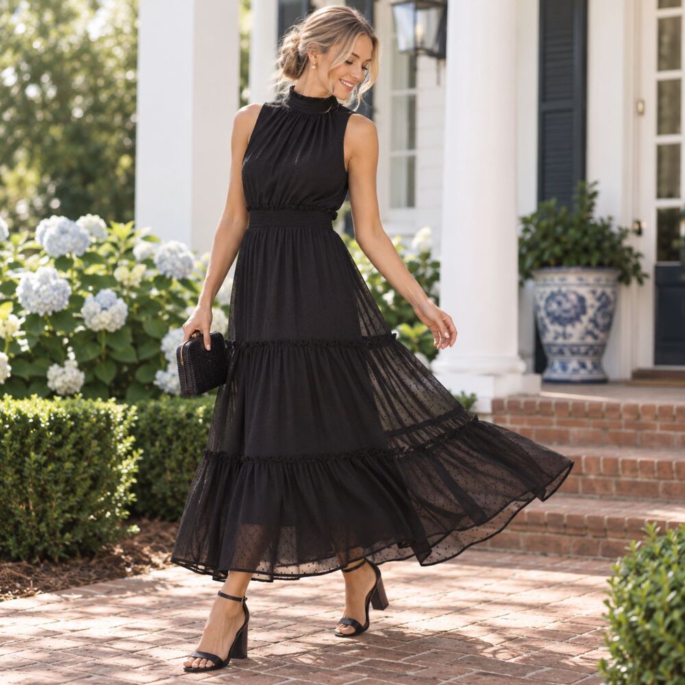 Draper James Women's Sleeveless Shine Clip Dot Maxi Black Dress XS